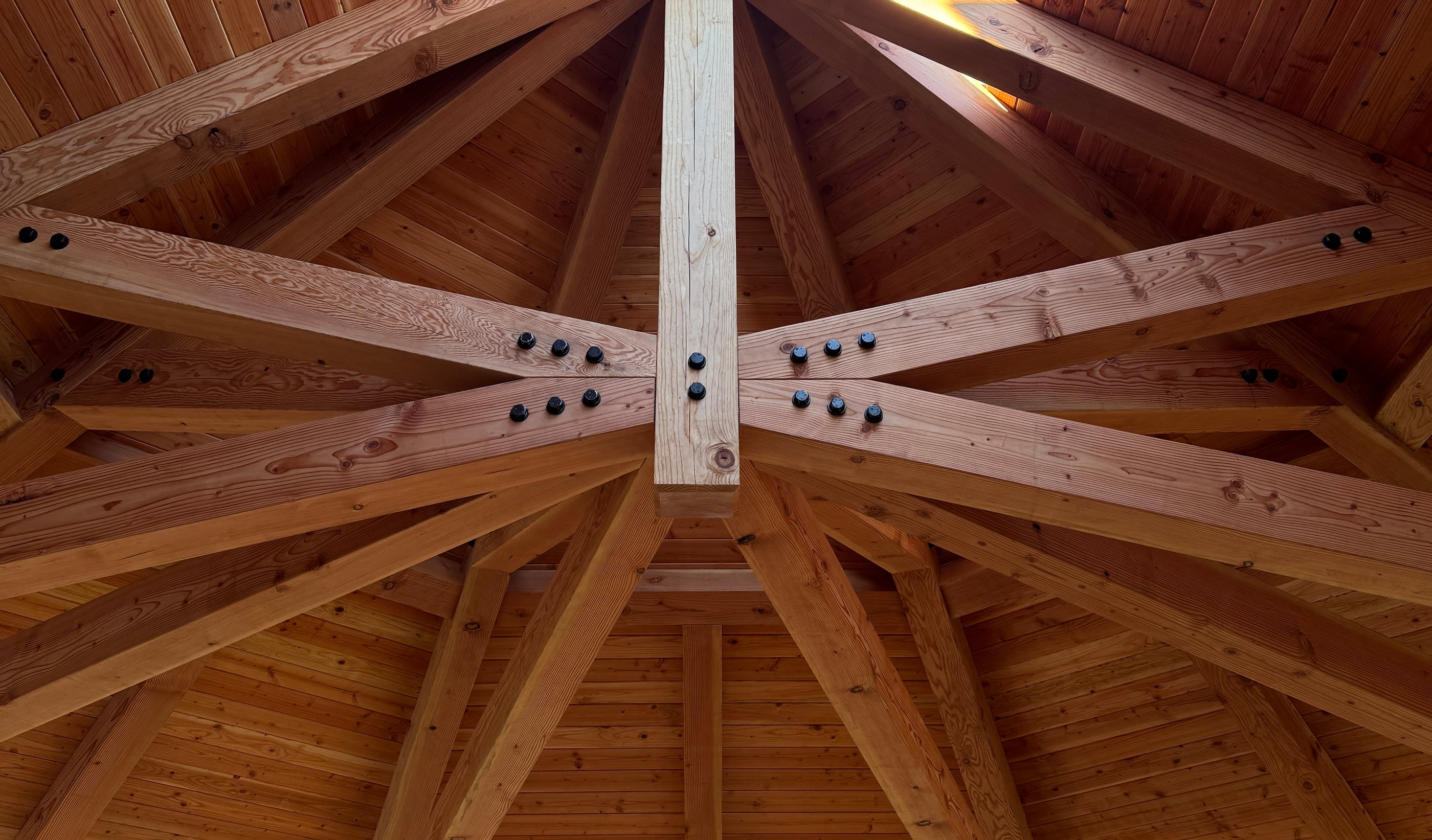 Looking up into a finished hip roof on a University of Maryland project: Douglas fir hip rafters meeting at the king post, each joint fastened in a row of black screw heads, a tongue-and-groove ceiling beyond