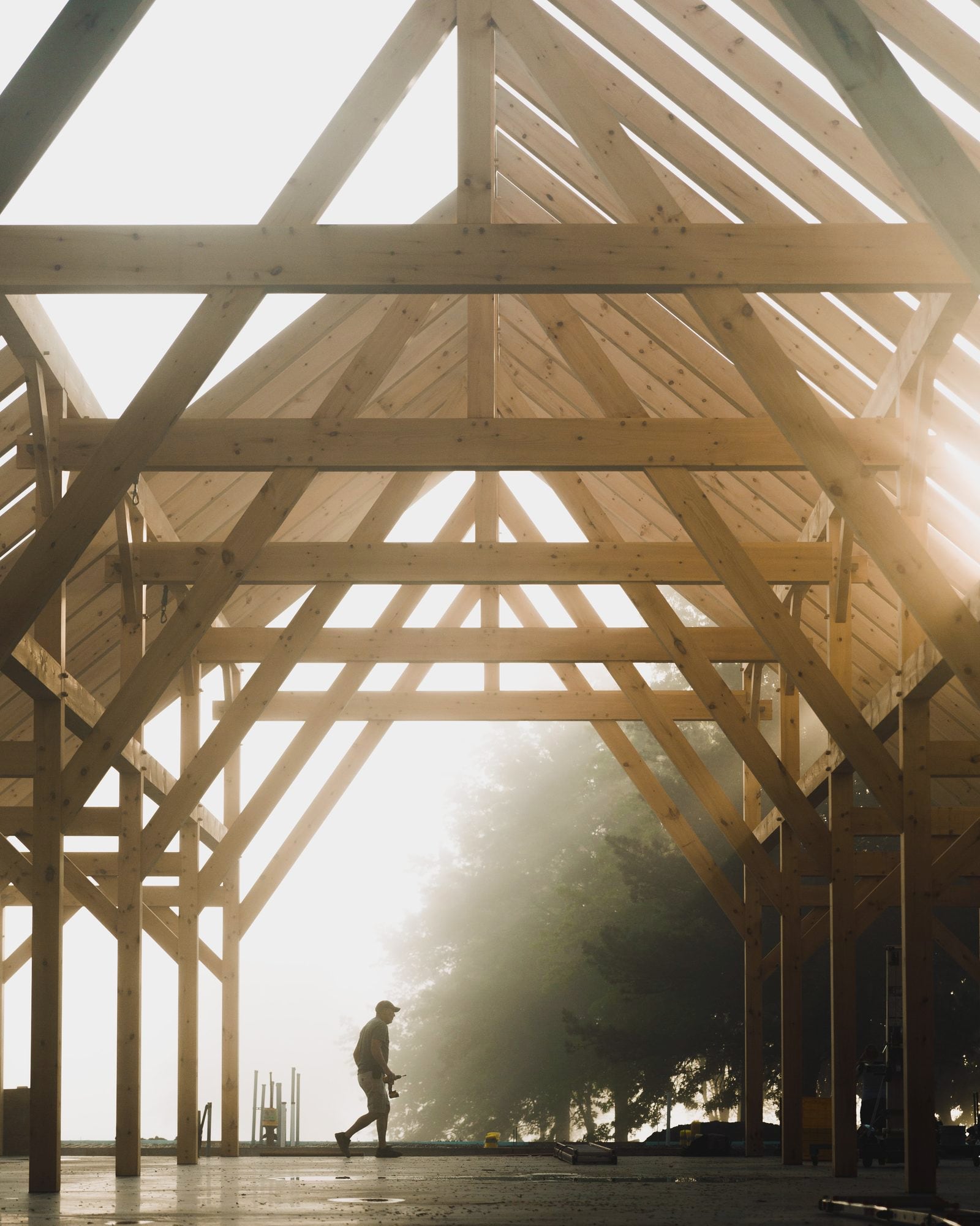 Timber frame roof structure seen from below, curved braces and pegged joinery against an overcast sky
