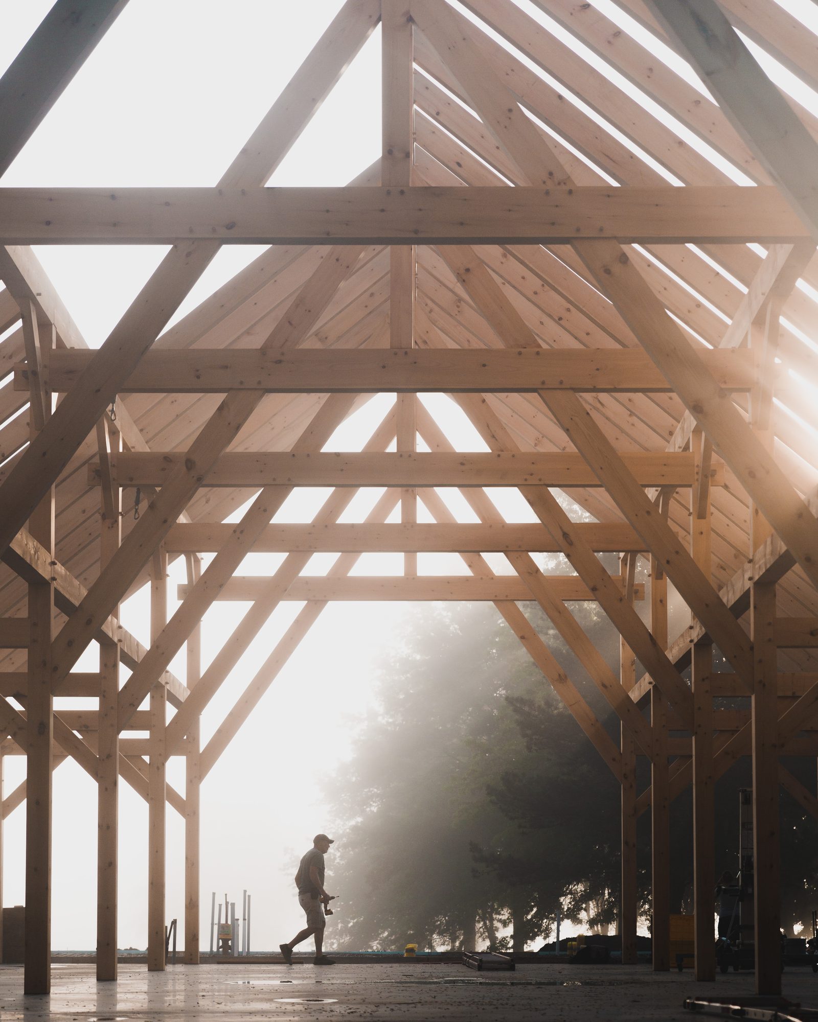 Timber frame roof structure seen from below, curved braces and pegged joinery against an overcast sky