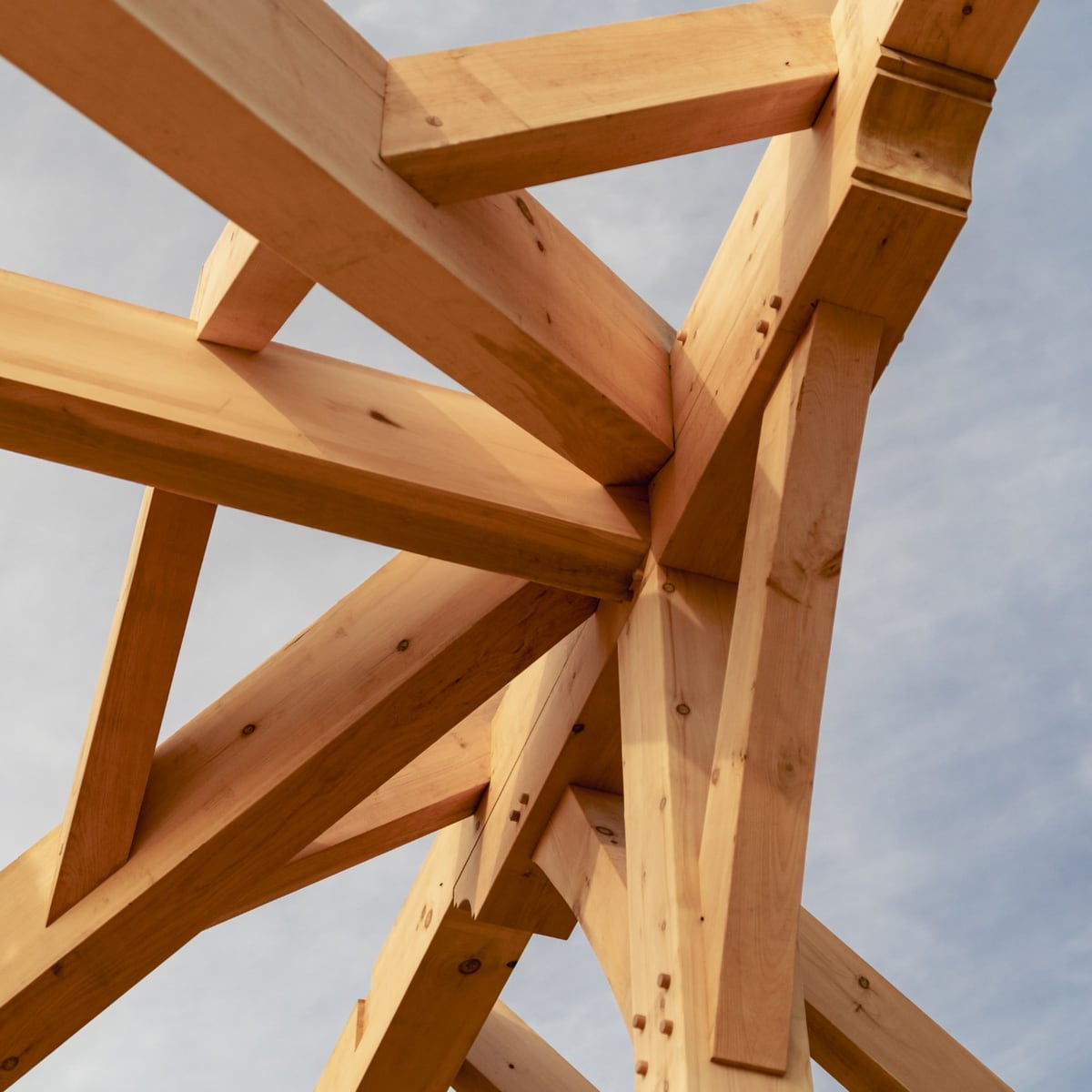 Looking up at curved braces and pegged joinery meeting at a post, blue sky behind