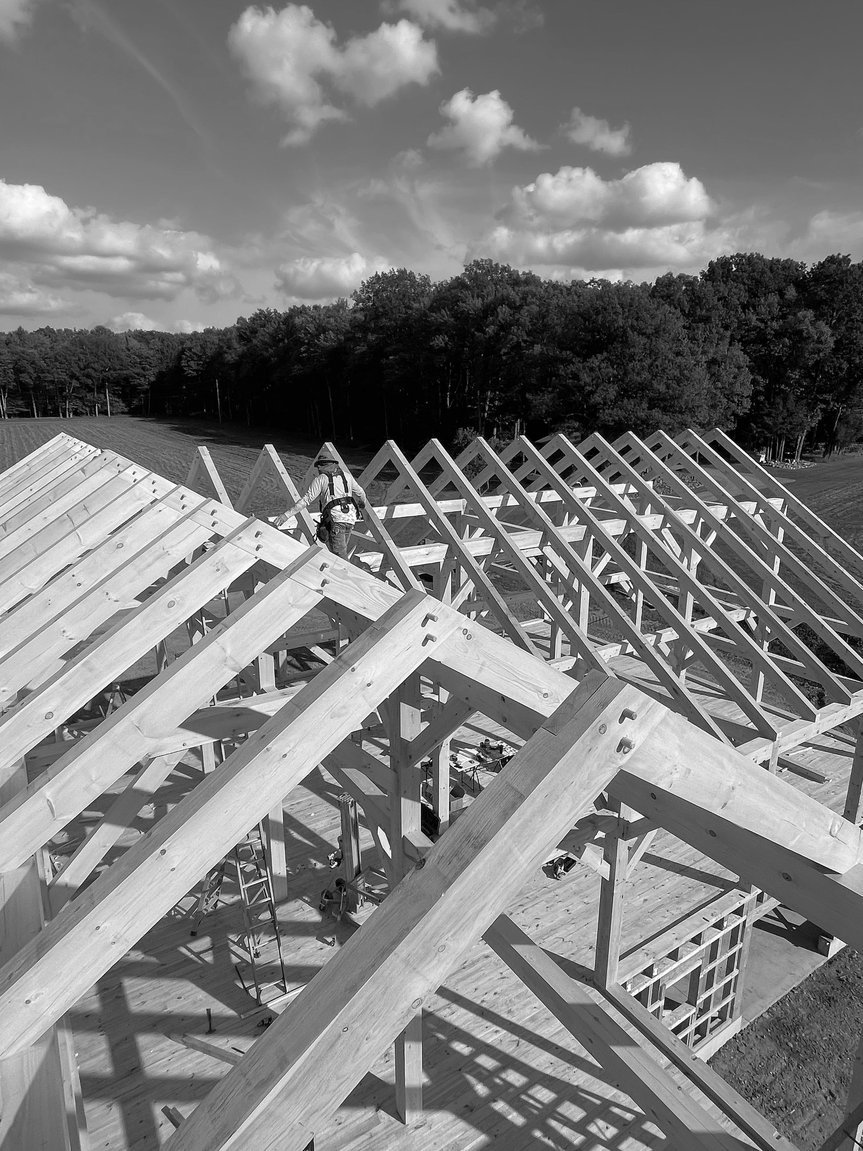 A crew member walking the rafters as the roof goes up, black and white