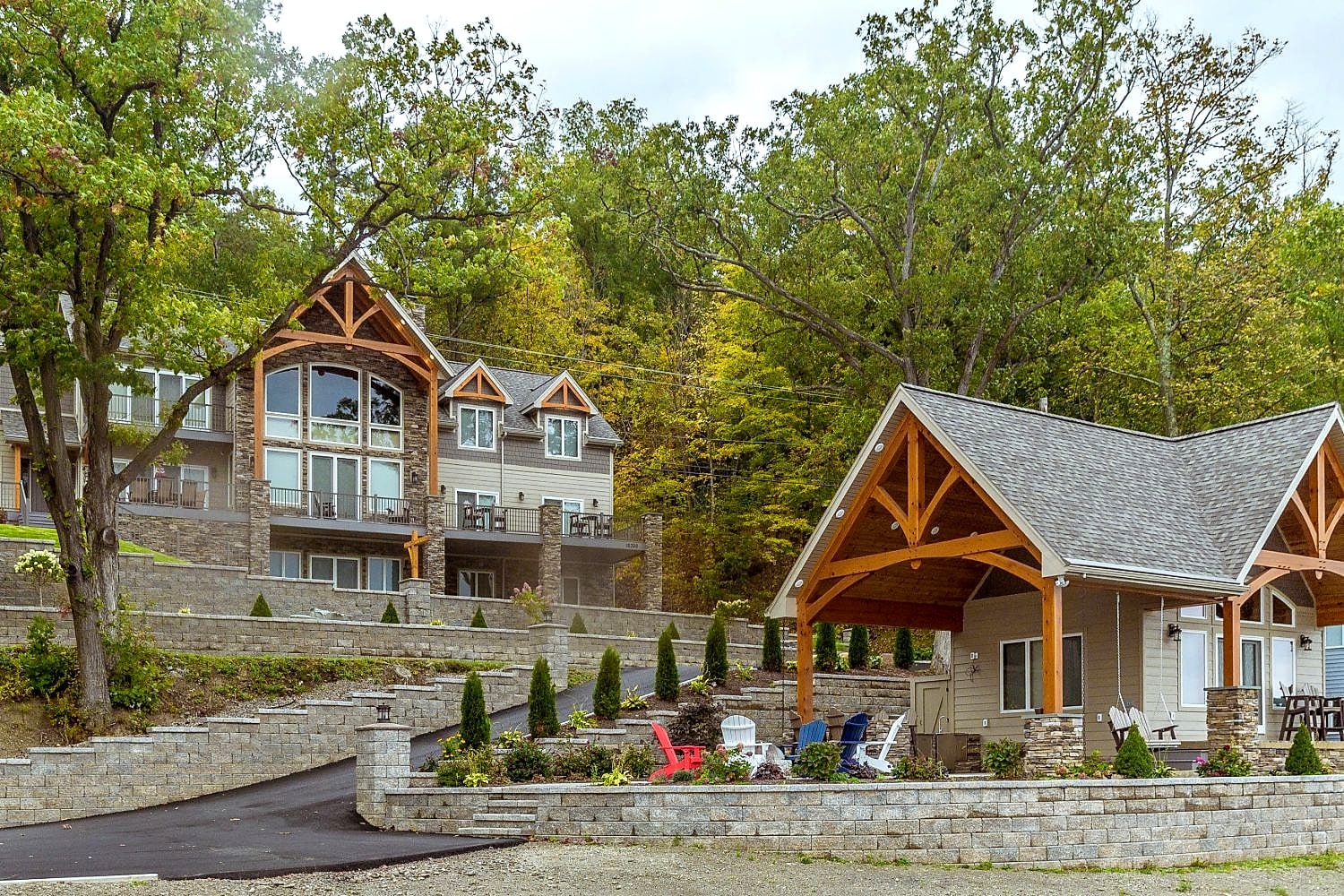 The house up the hill and the cabana below it, from the drive