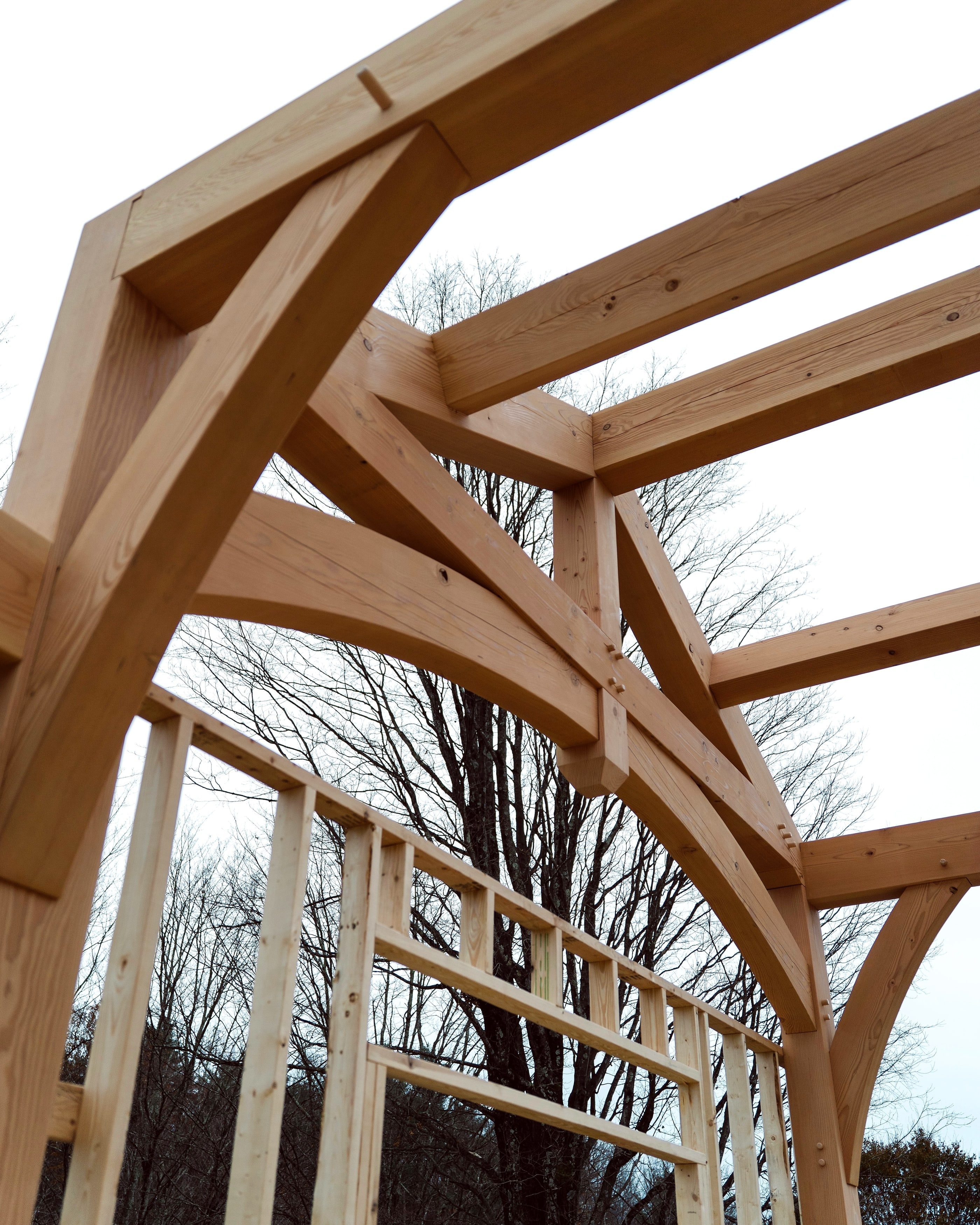 An arched truss where it meets its post and brace, bare trees beyond