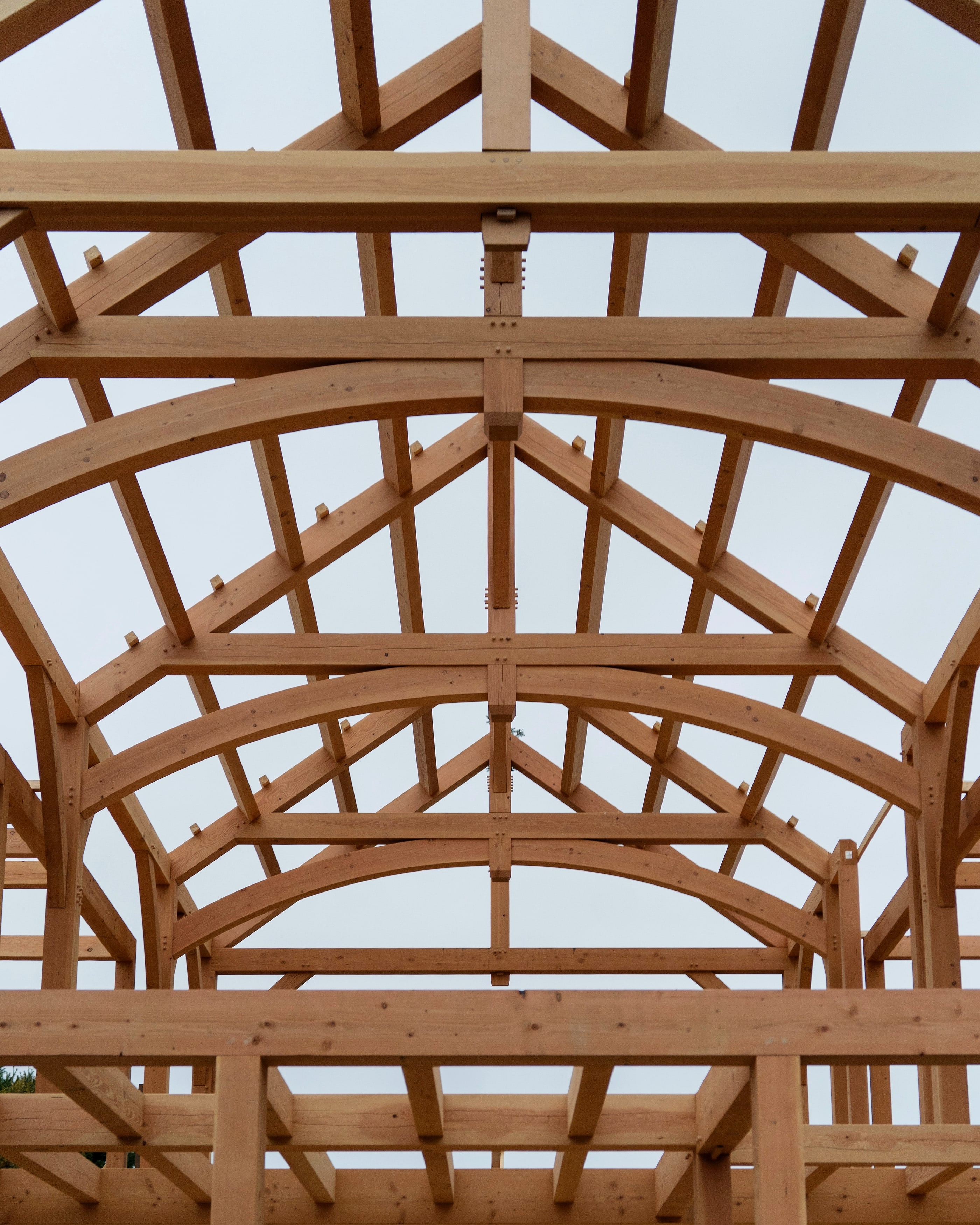 Looking down the great room through its arched trusses