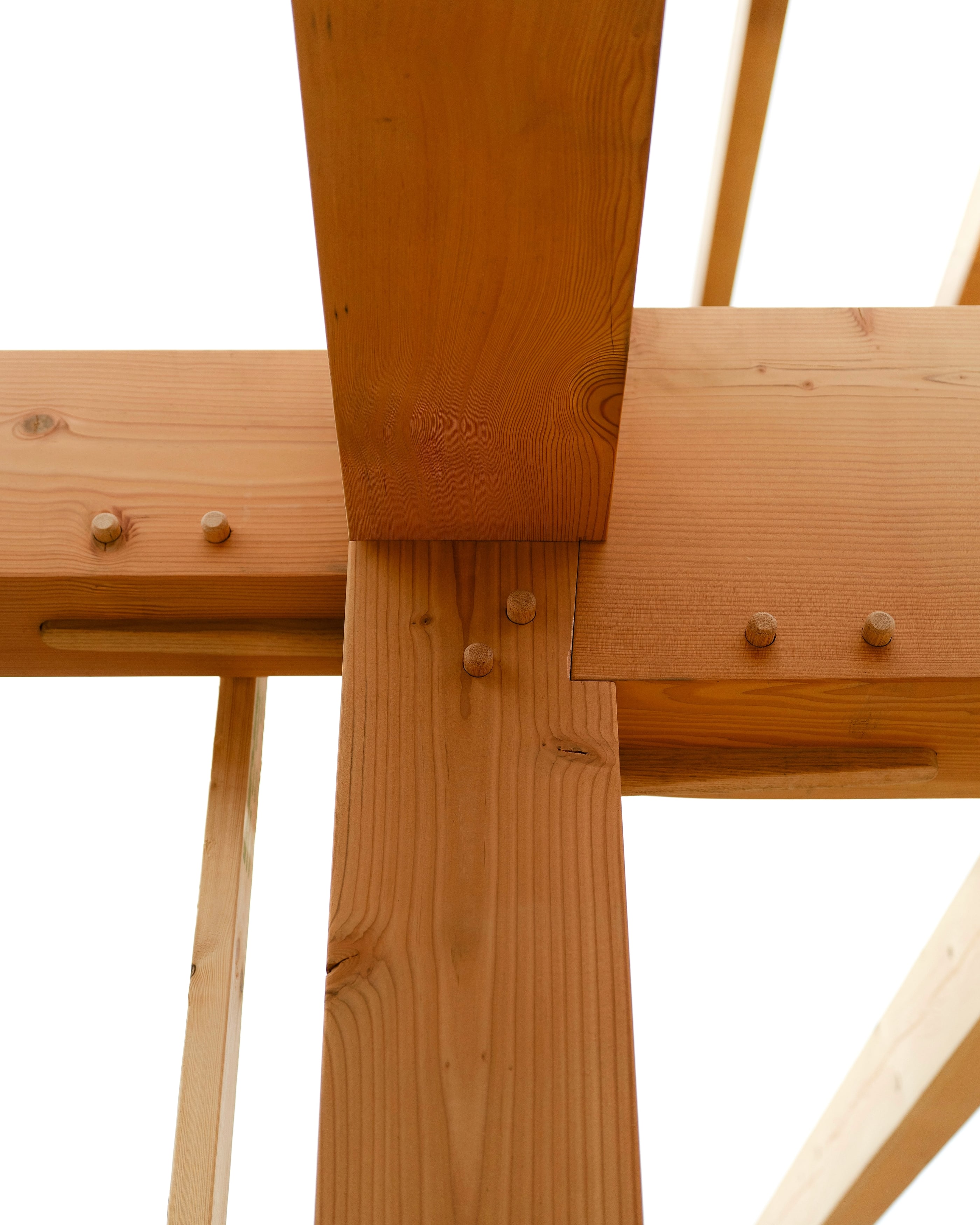 A pegged post and beam connection, seen from below