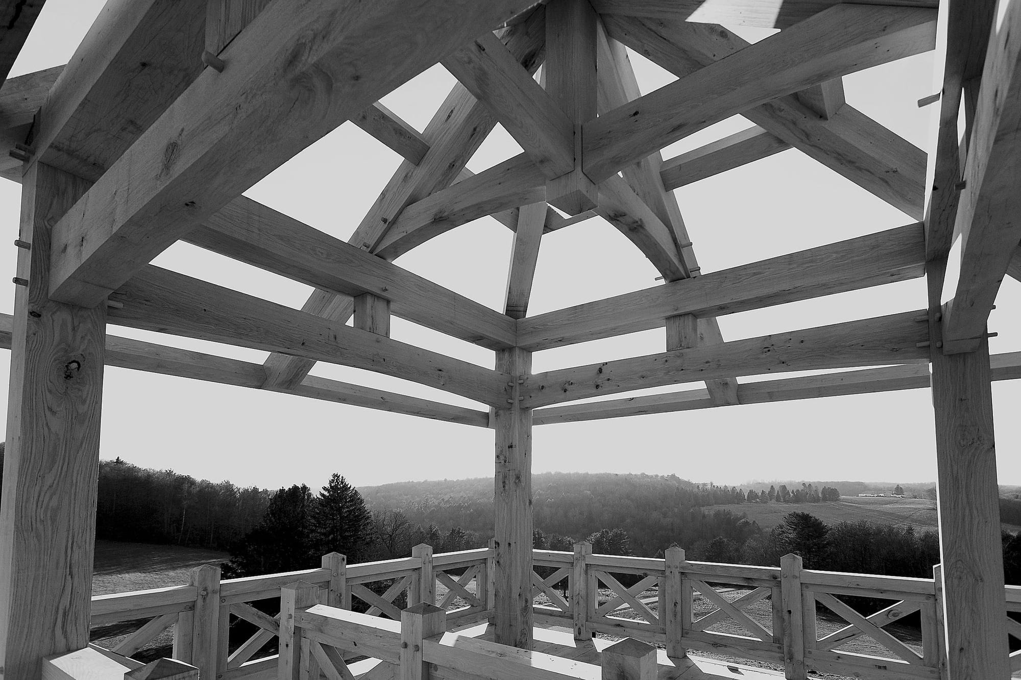 The roof frame over the top platform before paint, black and white