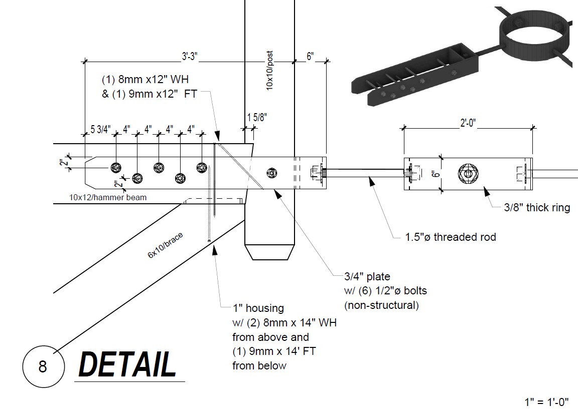 Connection detail, dimensioned: a 10x12 hammer beam meeting a 10x10 post with a 6x10 brace, a steel plate, and 1.5-inch threaded rod running to the tension ring