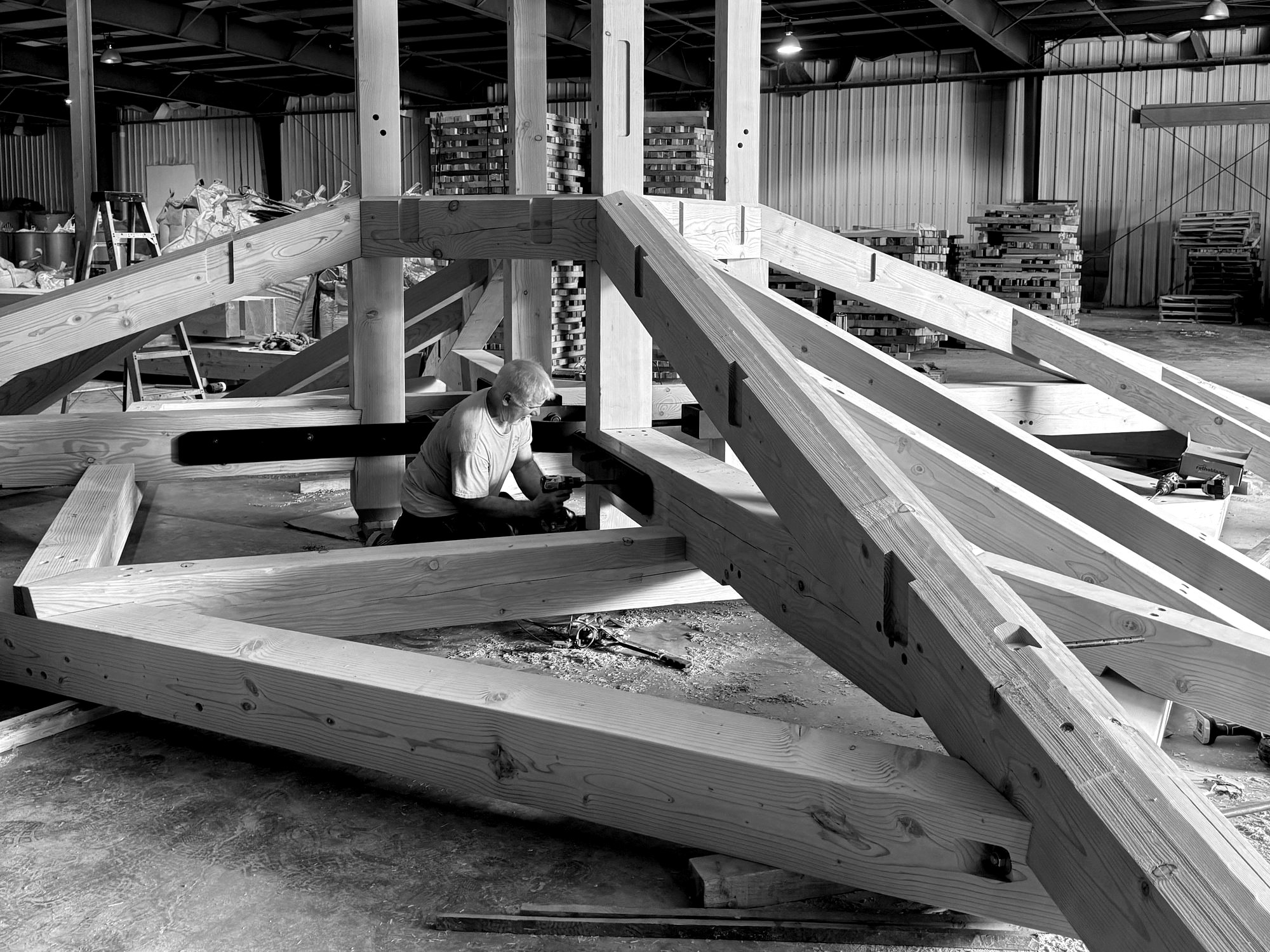 The tower roof system pre-assembled inside the Sylvania shop, in black and white