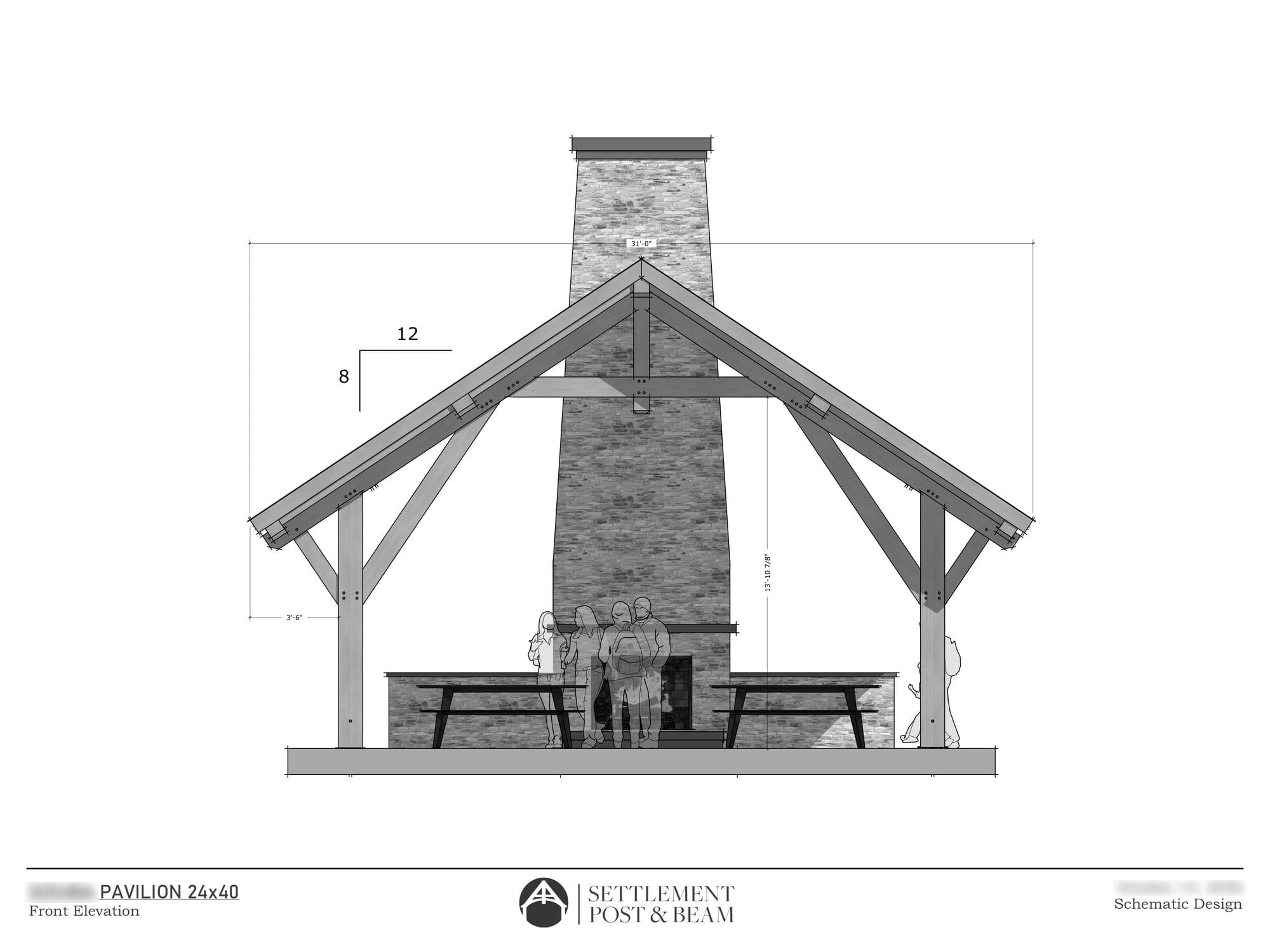 Schematic sheet: the front elevation, the gable truss in front of the stone chimney, with dimensions, black and white