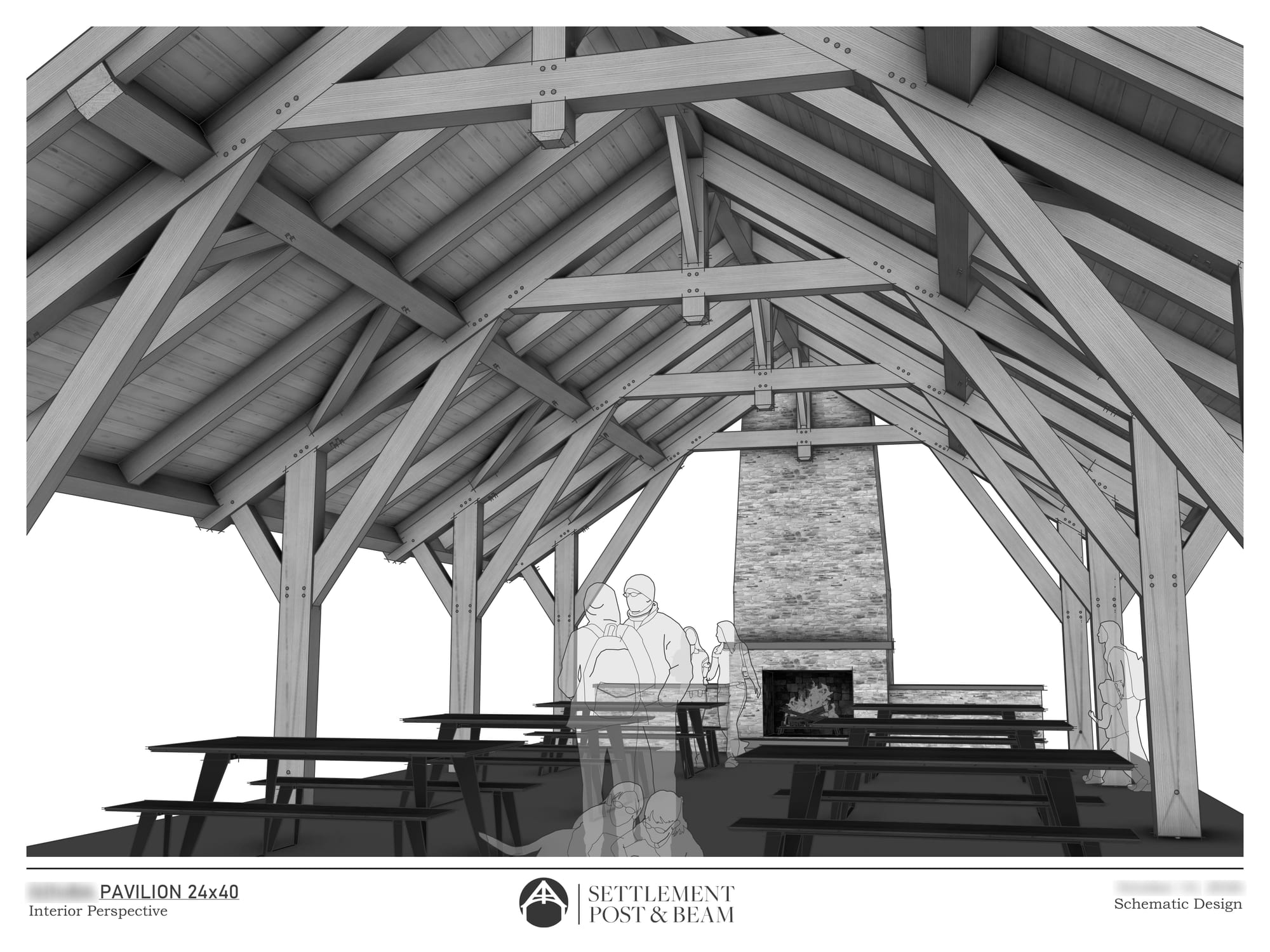 Schematic sheet: looking up into the frame from inside the pavilion, the stone fireplace beyond, black and white