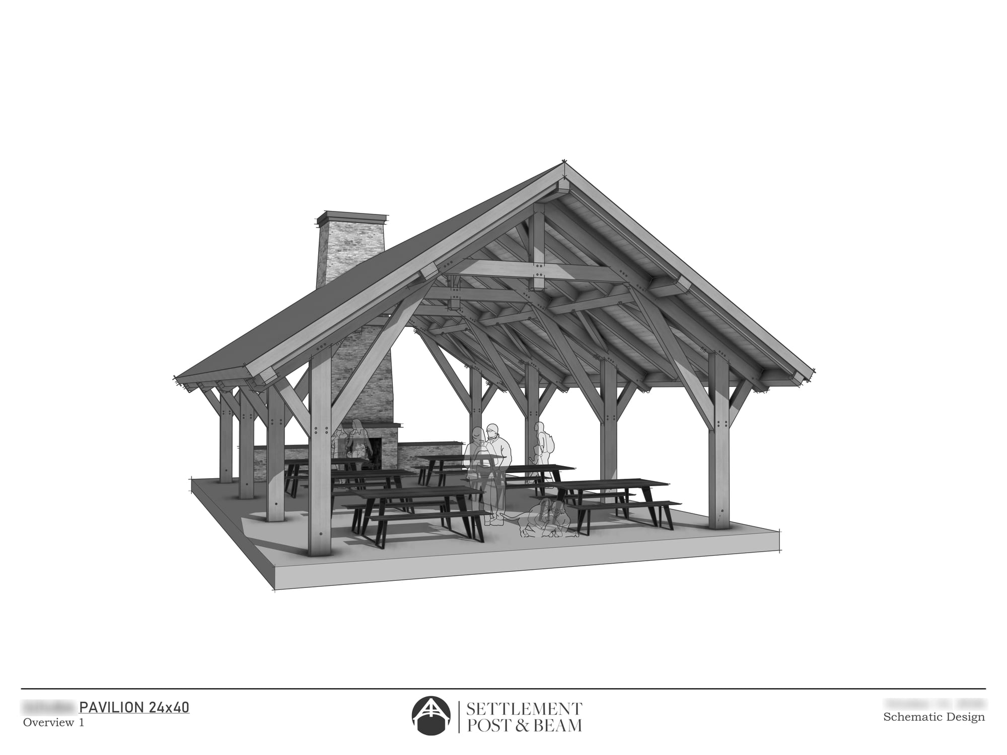 Schematic sheet: the pavilion from outside, its timber frame under a metal roof, a stone fireplace at one end, black and white