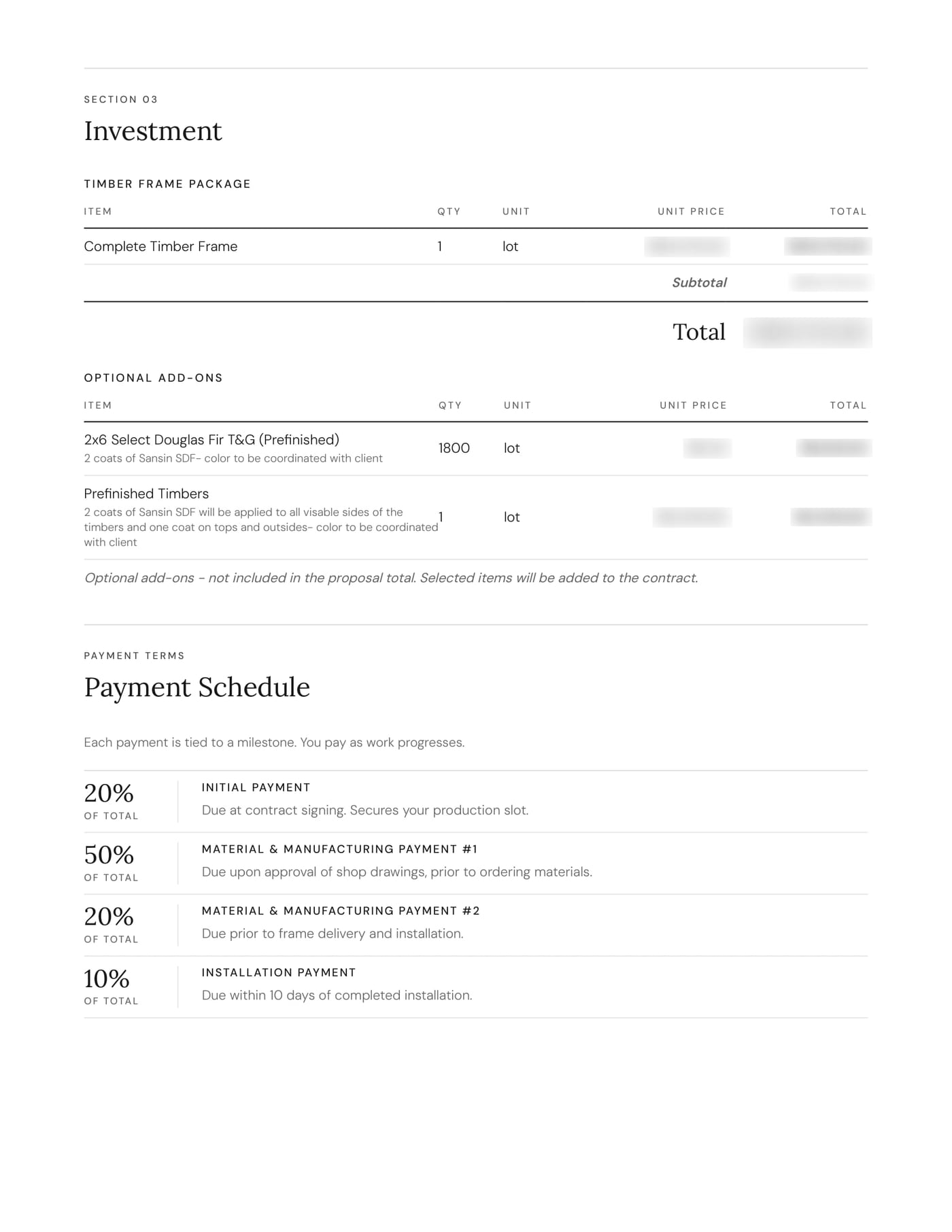 Proposal page: the investment table and payment schedule, the prices blurred, black and white