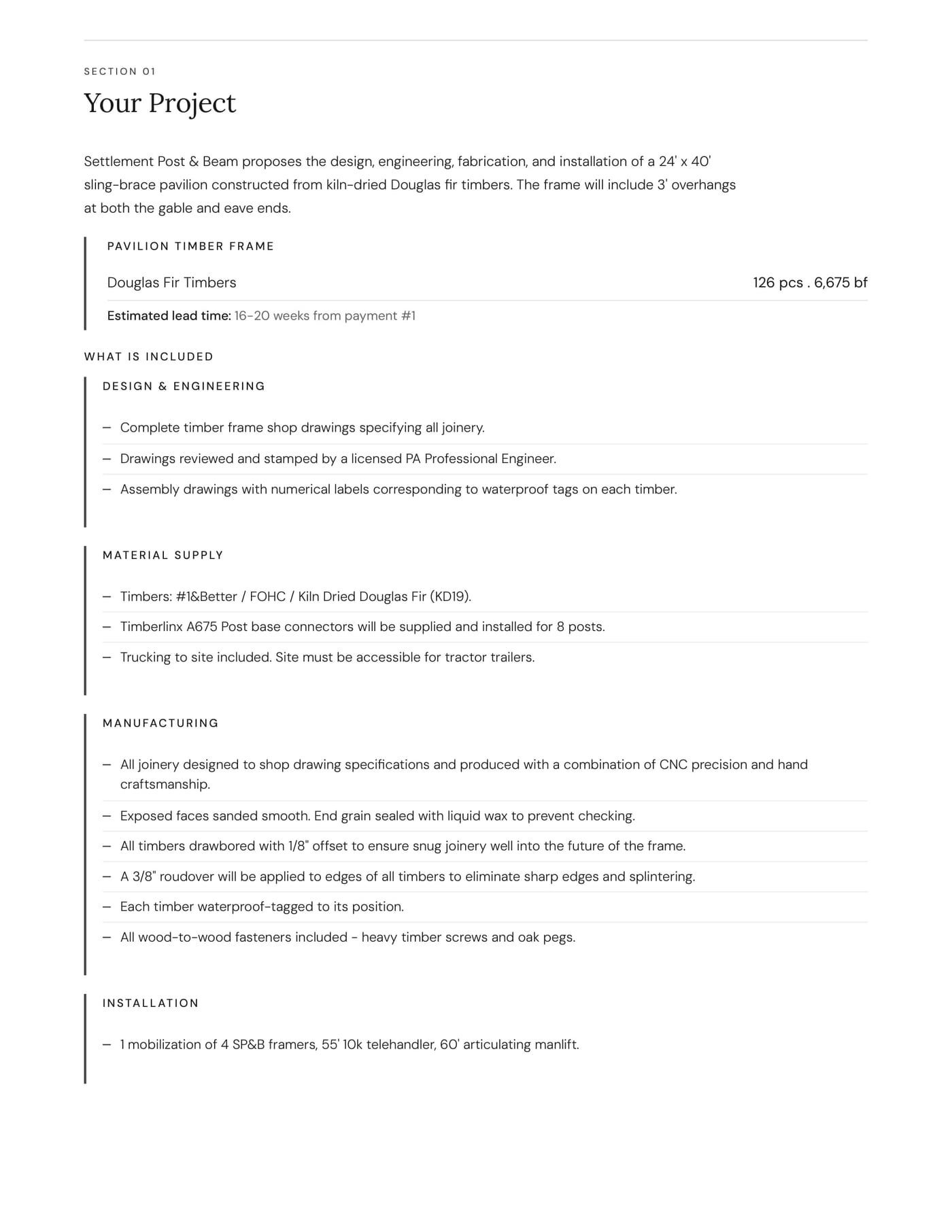 Proposal page: the project, the timber package and what is included, black and white
