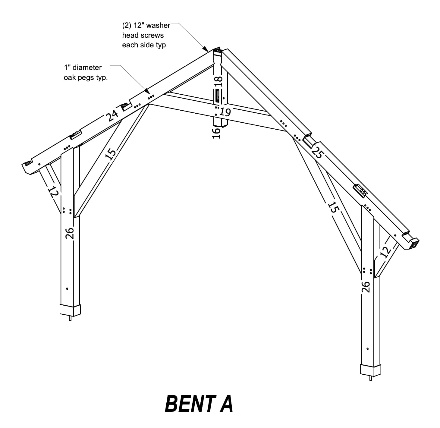 Assembly drawing of Bent A: posts, tie beam, rafters and braces, every piece numbered, with the pegs and screws called out, black and white