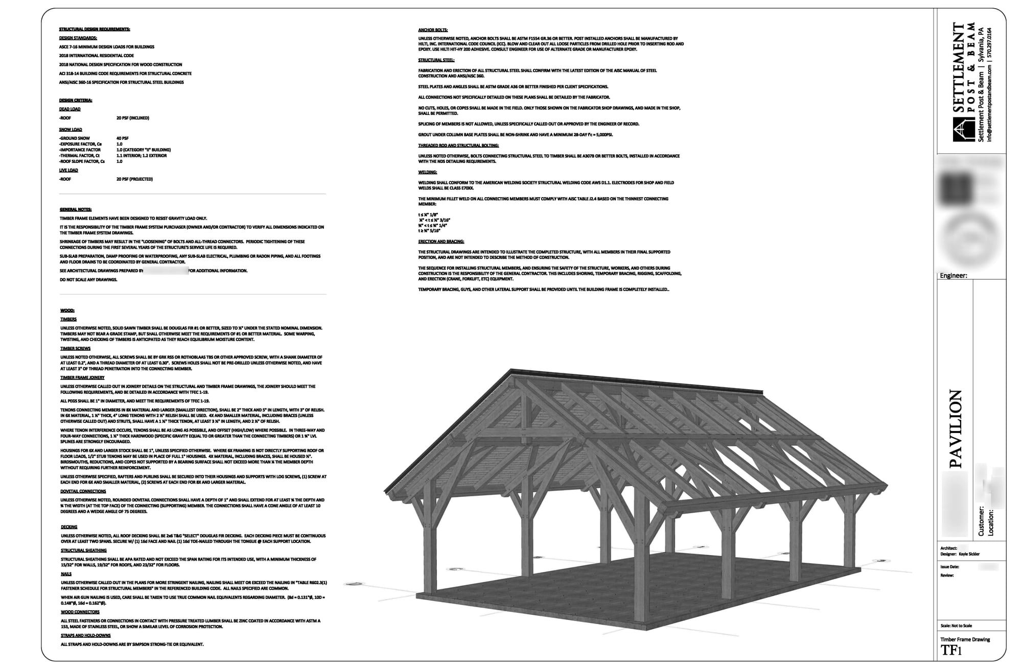 Shop drawing sheet one: general notes beside a drawing of the frame, the engineer’s block blurred, black and white
