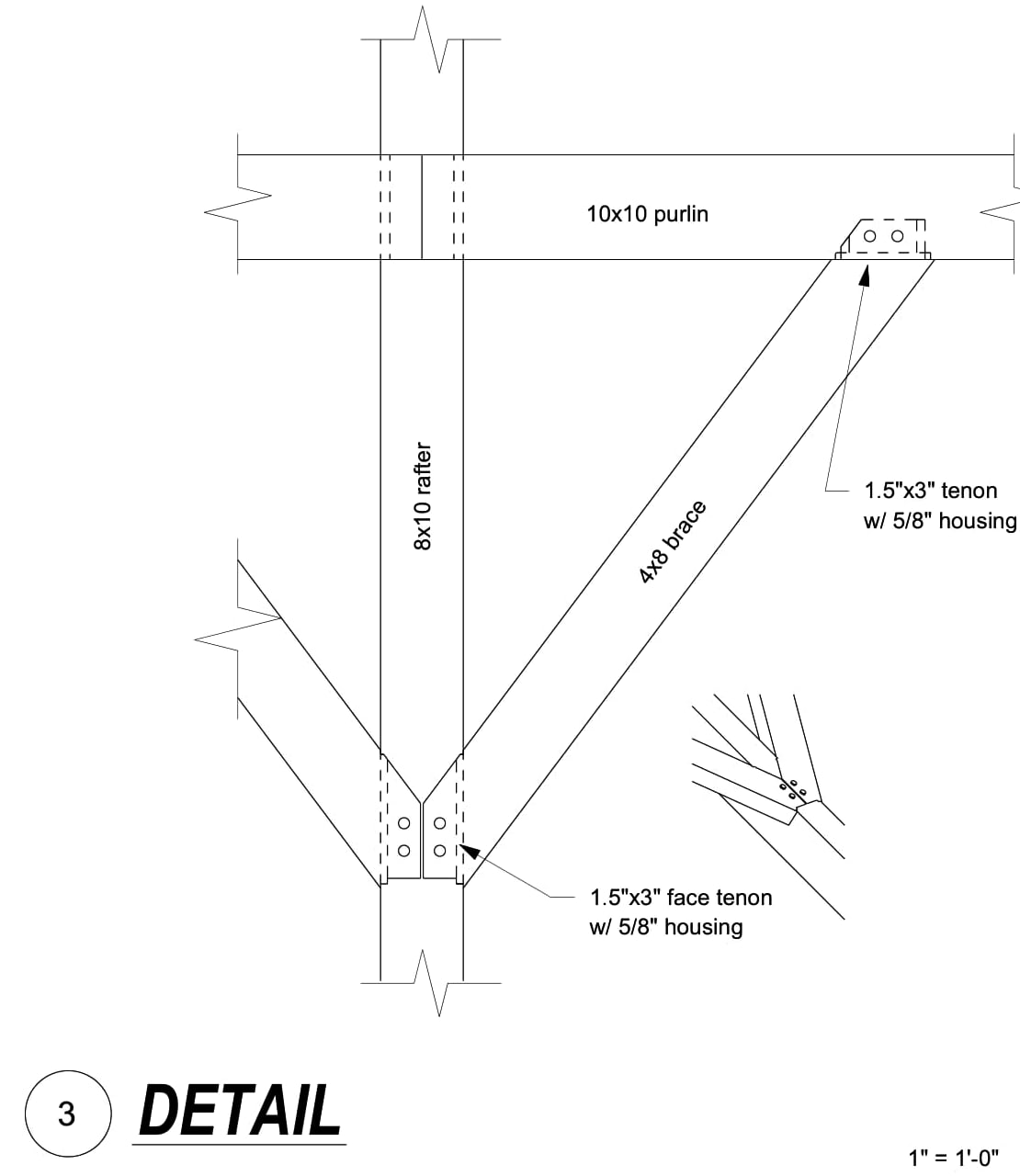 Connection detail: a brace tenoned into a purlin and a rafter, with the tenon and housing sizes, black and white