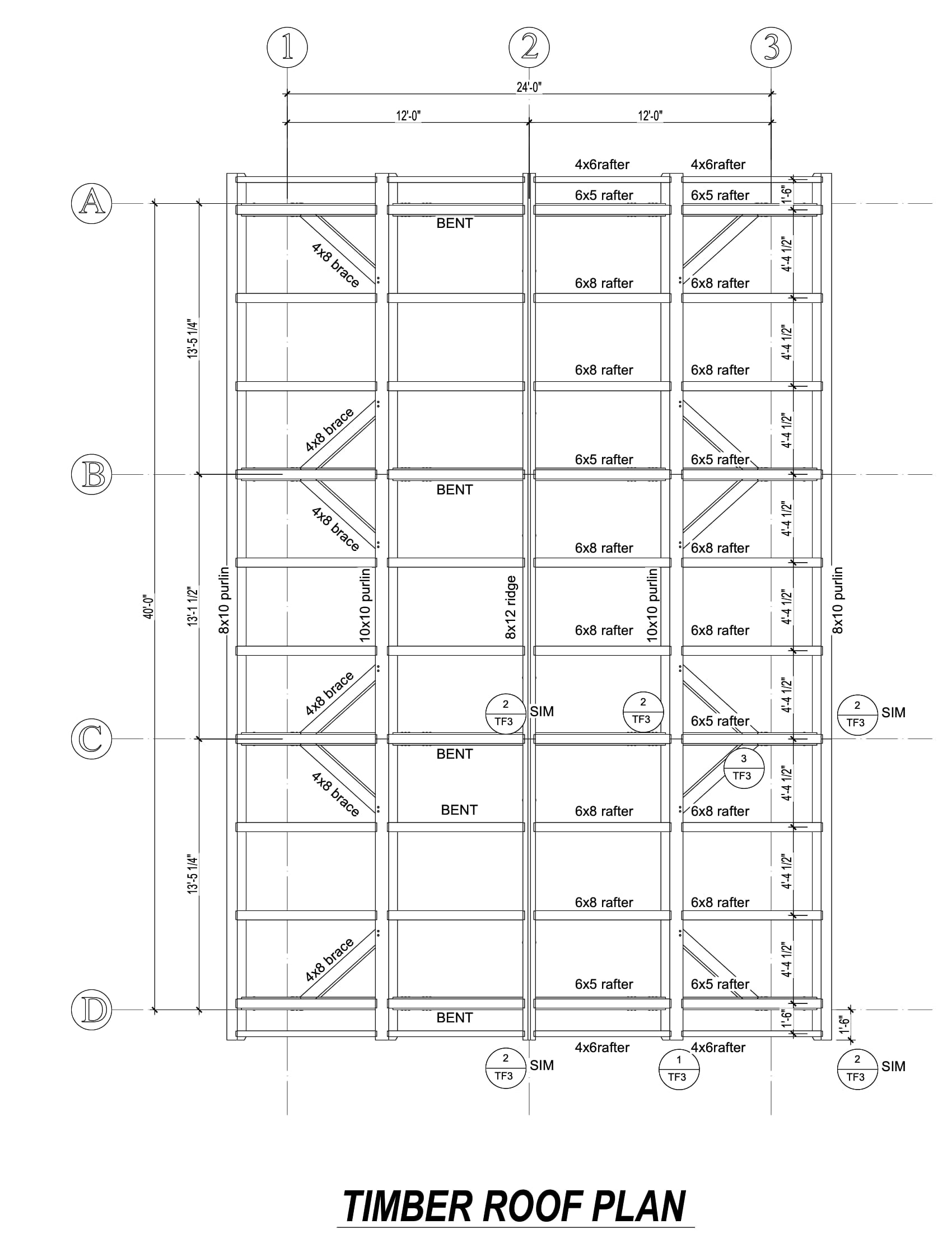 The timber roof plan: rafters, purlins and the four bents, with member sizes, black and white