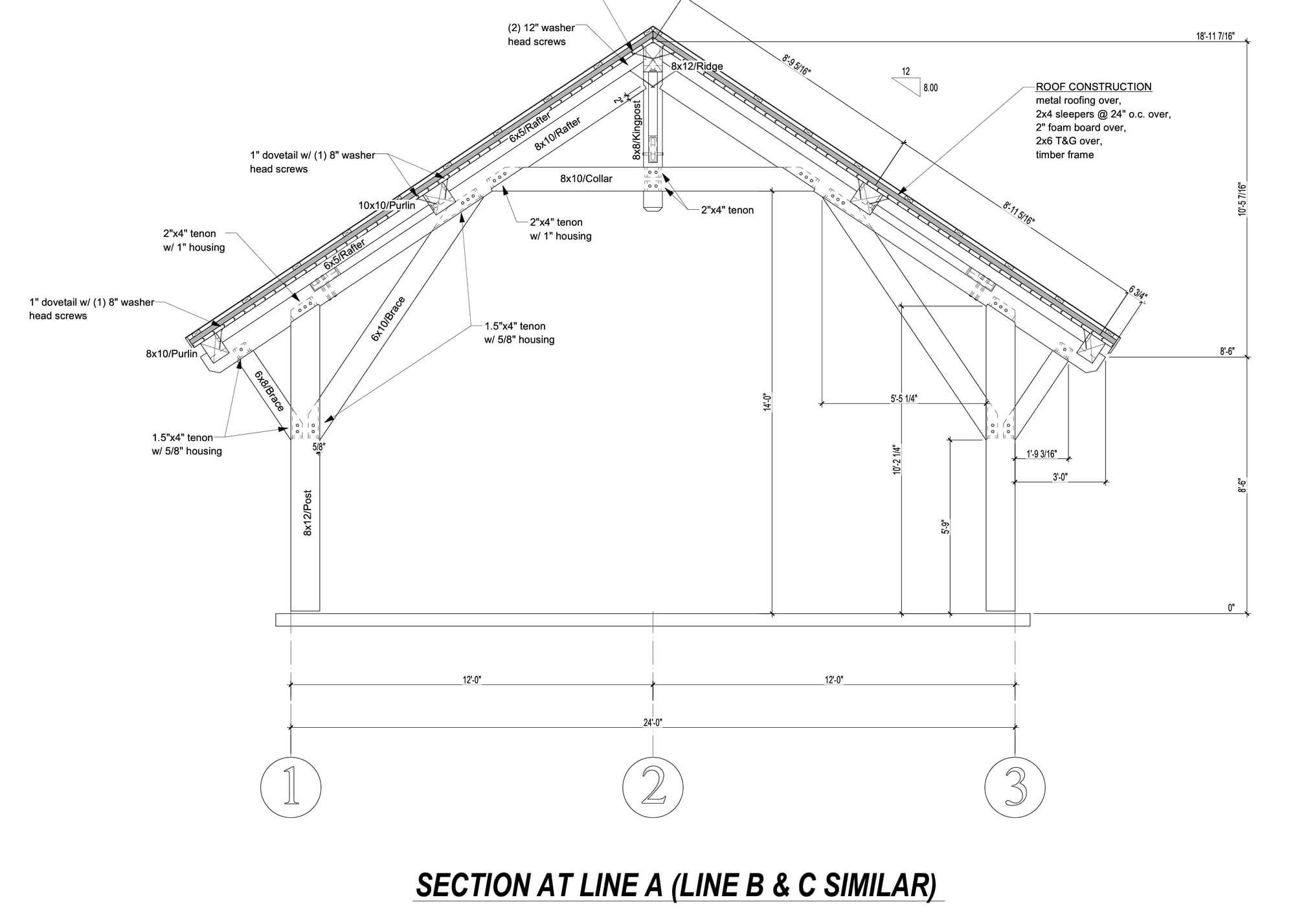 Section through the frame: rafters, collar and king post over the post and braces, with dimensions and the roof build-up, black and white