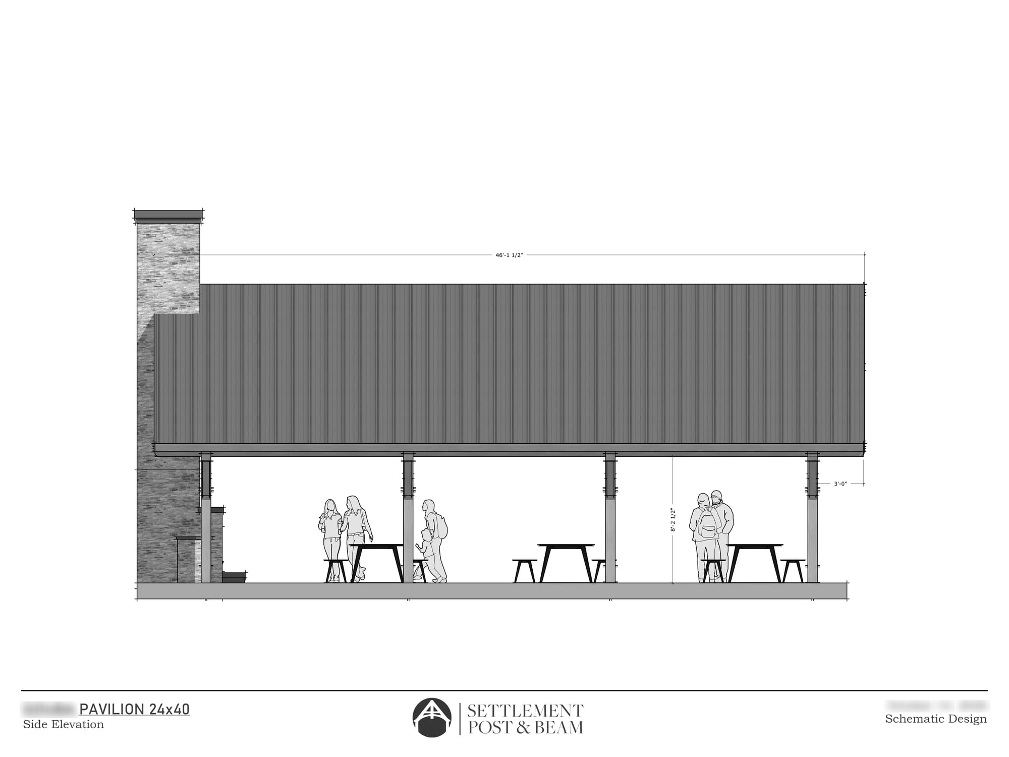 Schematic sheet: the side elevation, posts and braces under the long roof, with dimensions, black and white