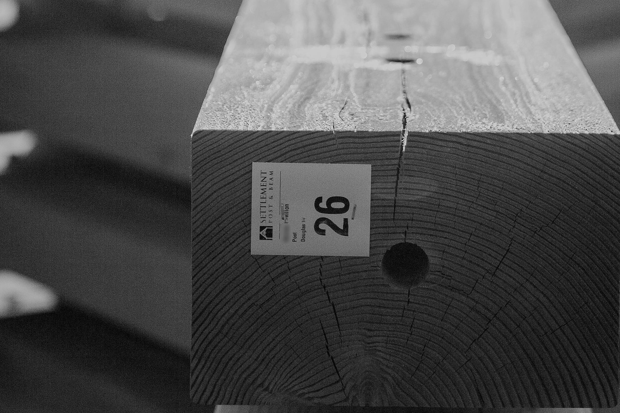 The end of a Douglas fir post with its label, number 26, black and white
