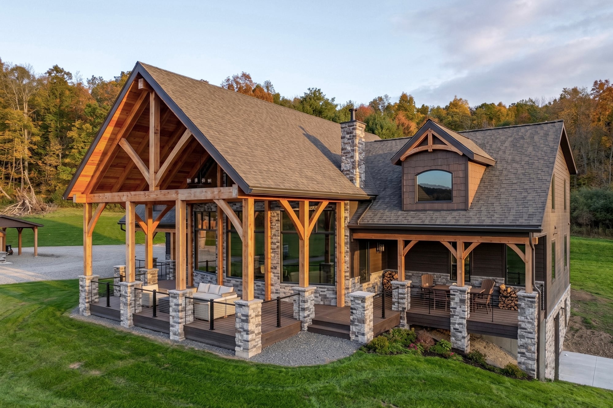 The cabin from above: the timber gable porch and the side porch on stone piers, the wooded hillside behind