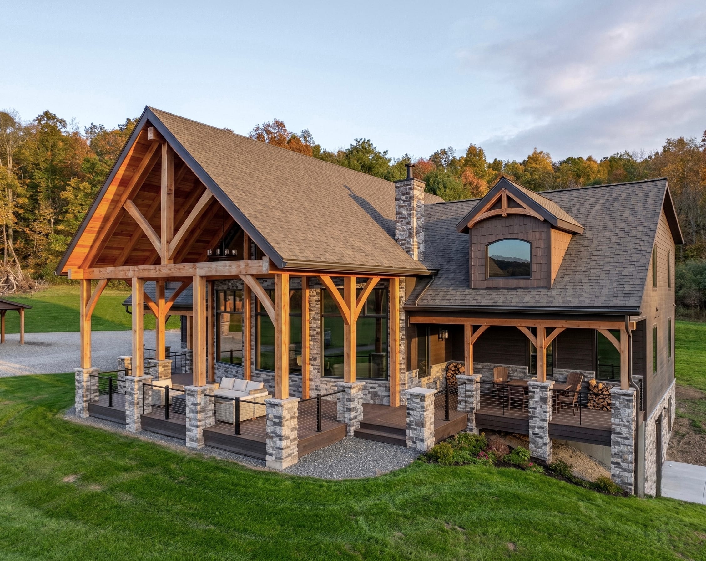 The Weaver Cabin from above: the timber gable porch and side porch on stone piers, the wooded hillside behind