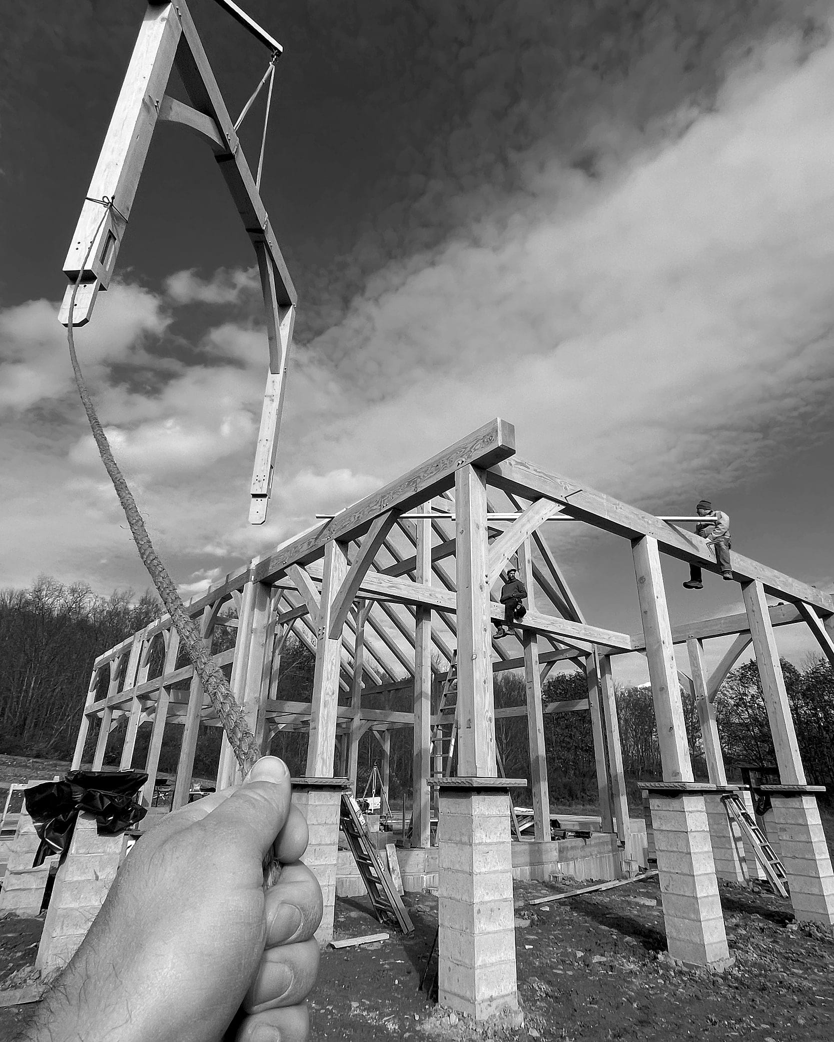 A tag line in hand as a timber comes in on the crane, black and white