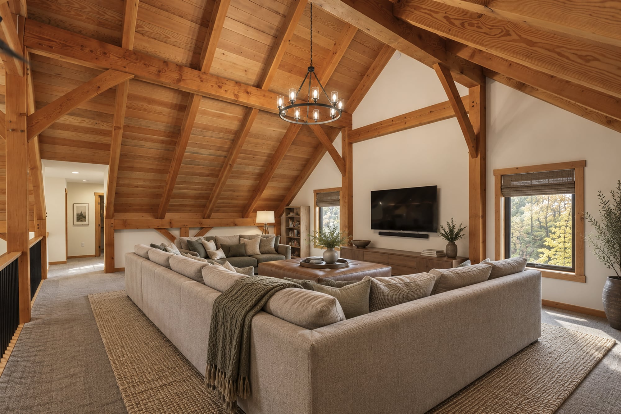 The hangout loft, with couches and a big TV under the rafters